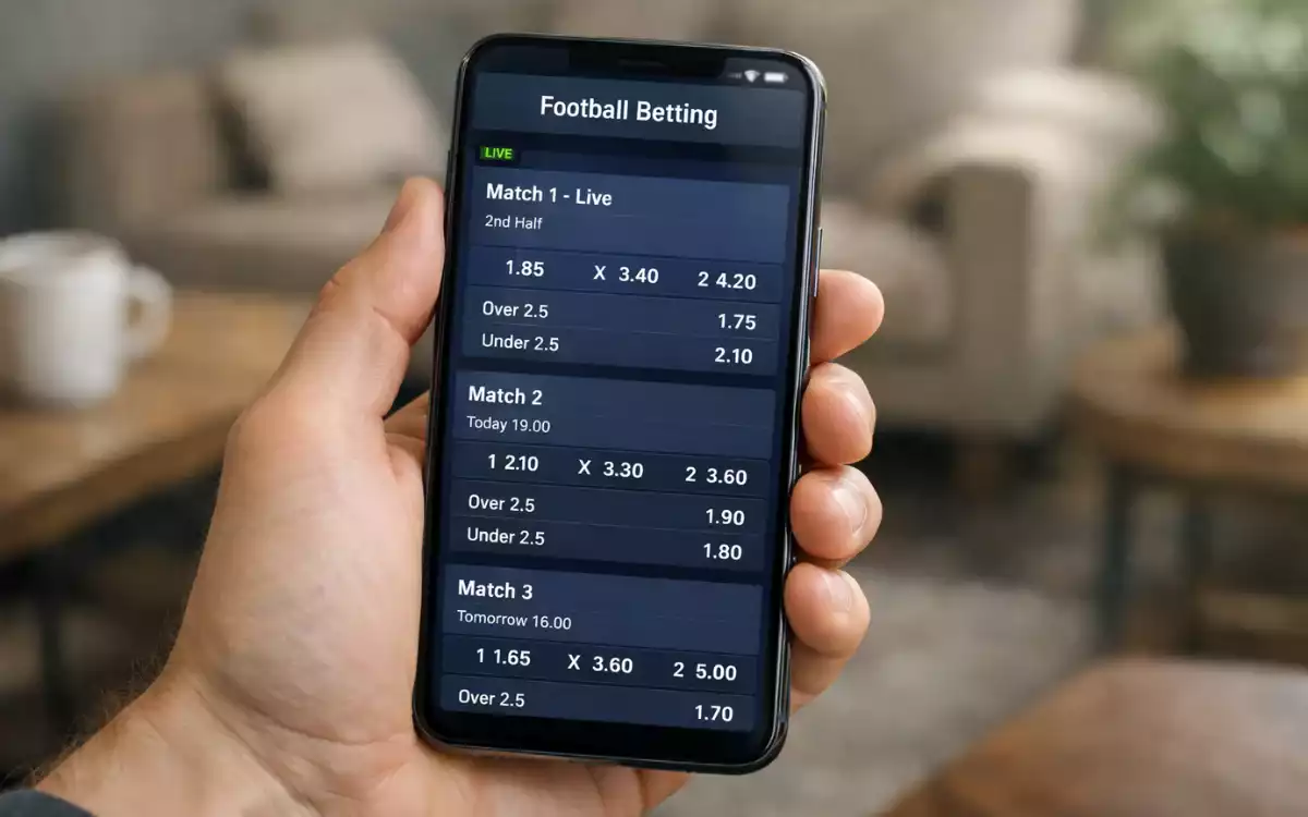 Mano sosteniendo un tel&eacute;fono m&oacute;vil con una aplicaci&oacute;n de apuestas deportivas