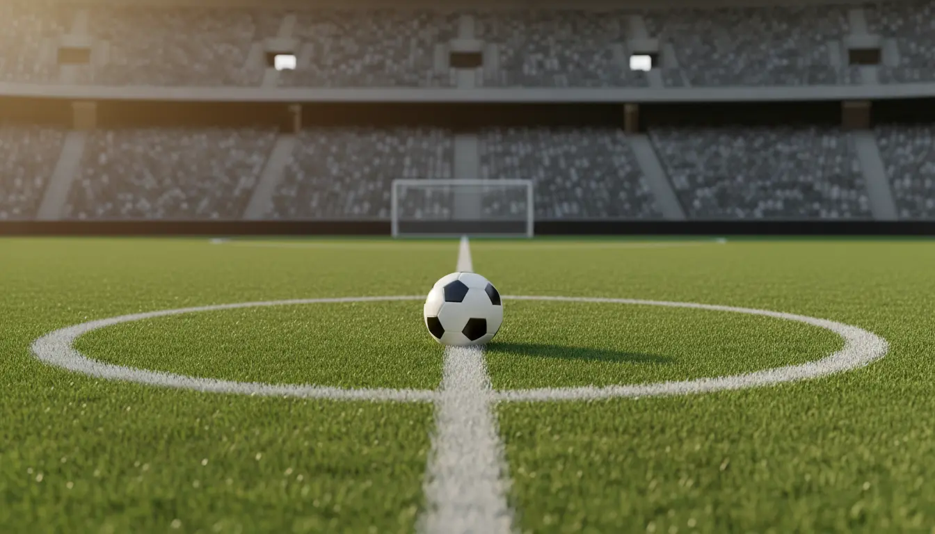Balón de fútbol en el centro del campo de césped natural de un estadio de LaLiga antes del partido