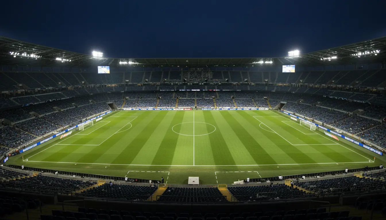 Campo de fútbol de césped natural iluminado para un partido nocturno de competición europea de clubes