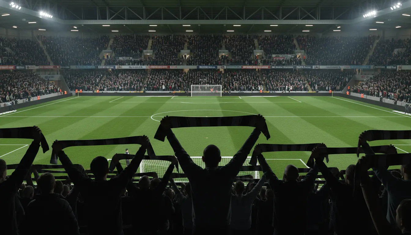 Estadio de fútbol pequeño lleno de público con bufandas al aire durante una eliminatoria de Copa del Rey