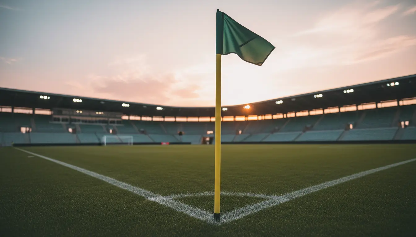 Banderín de córner ondeando en la esquina de un campo de fútbol de césped natural con las gradas al fondo