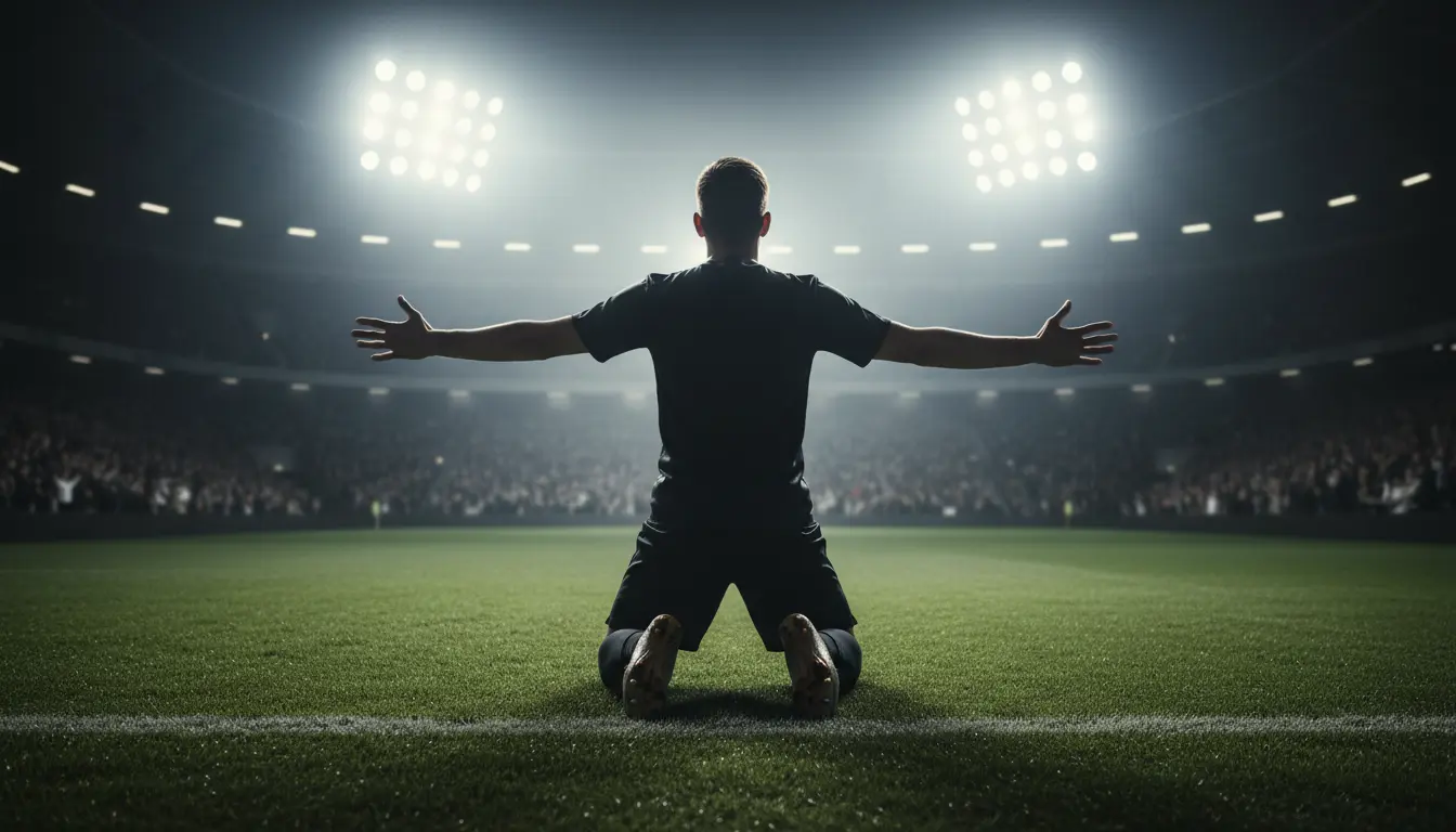 Delantero de fútbol celebrando un gol de rodillas sobre el césped natural de un estadio iluminado