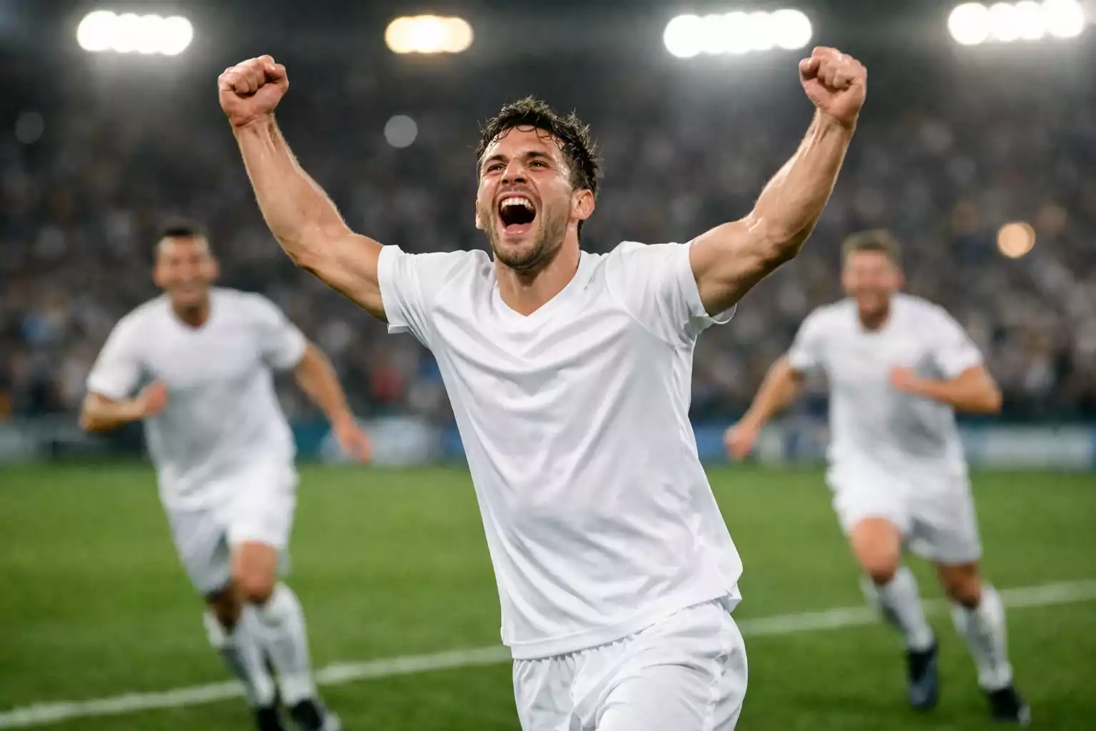 Celebraci&oacute;n de gol en un partido de f&uacute;tbol profesional