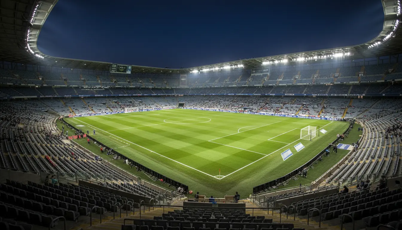 Vista panorámica de un estadio de fútbol de LaLiga con el césped natural iluminado por los focos nocturnos