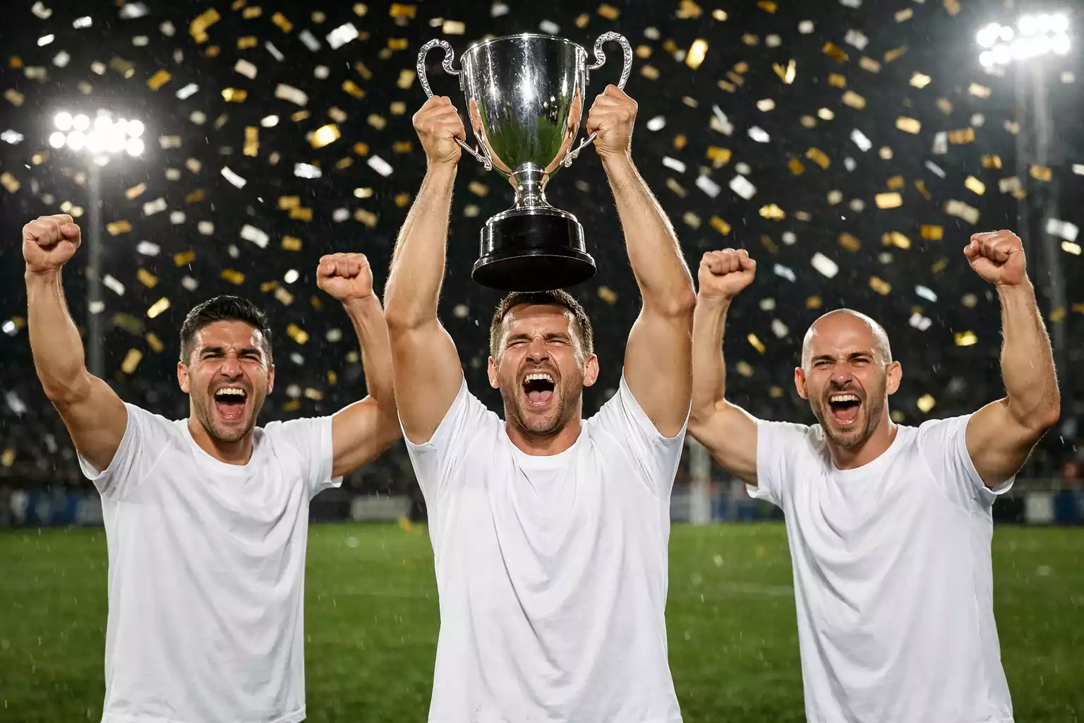 Equipo de f&uacute;tbol celebrando con el trofeo de campe&oacute;n de liga