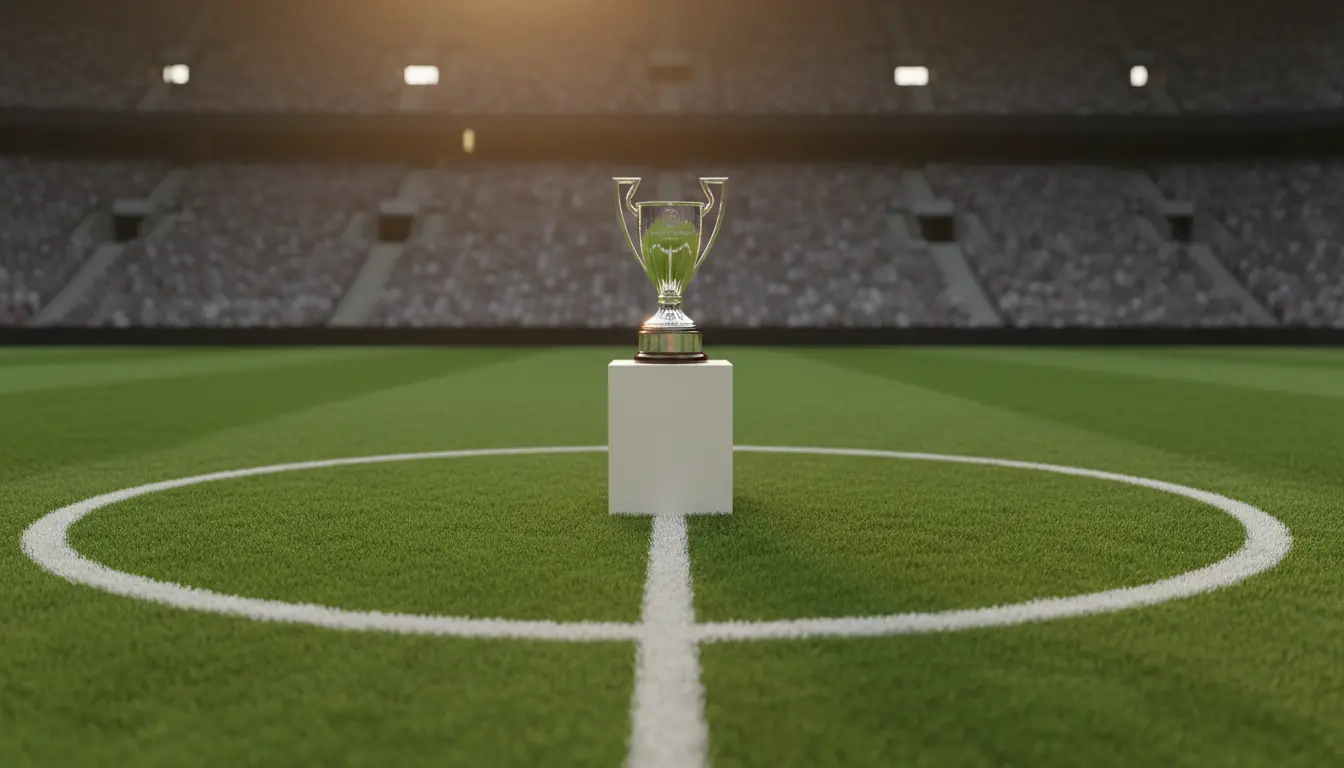 Trofeo de campeón de liga sobre un pedestal en el centro de un campo de fútbol de césped natural vacío