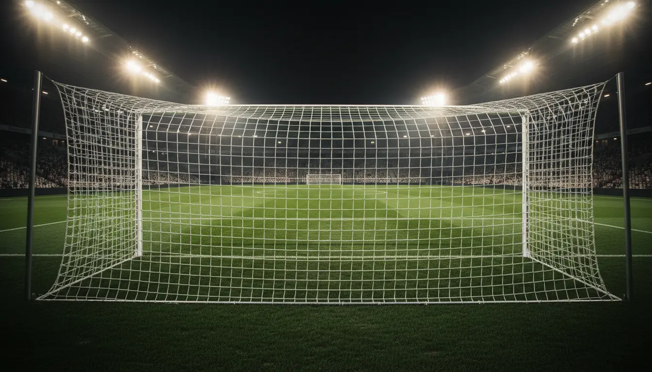 Portería de fútbol vista desde detrás de la red con el campo de césped natural al fondo iluminado