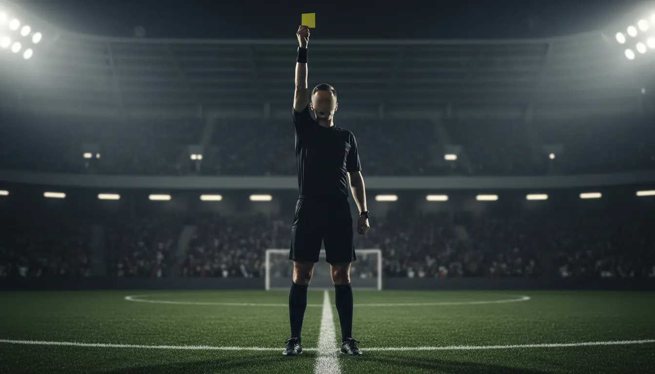 Árbitro de fútbol mostrando una tarjeta amarilla en un campo de césped natural durante un partido