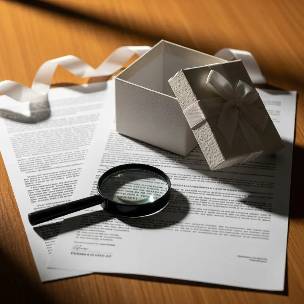 Regalo envuelto con un lazo sobre una mesa junto a unos términos y condiciones impresos en papel