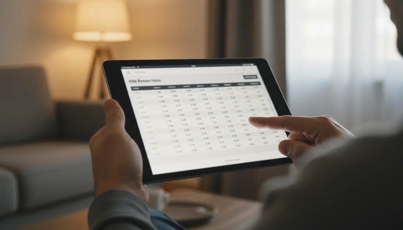 Mano señalando cifras de cuotas deportivas en la pantalla de una tablet sobre un escritorio