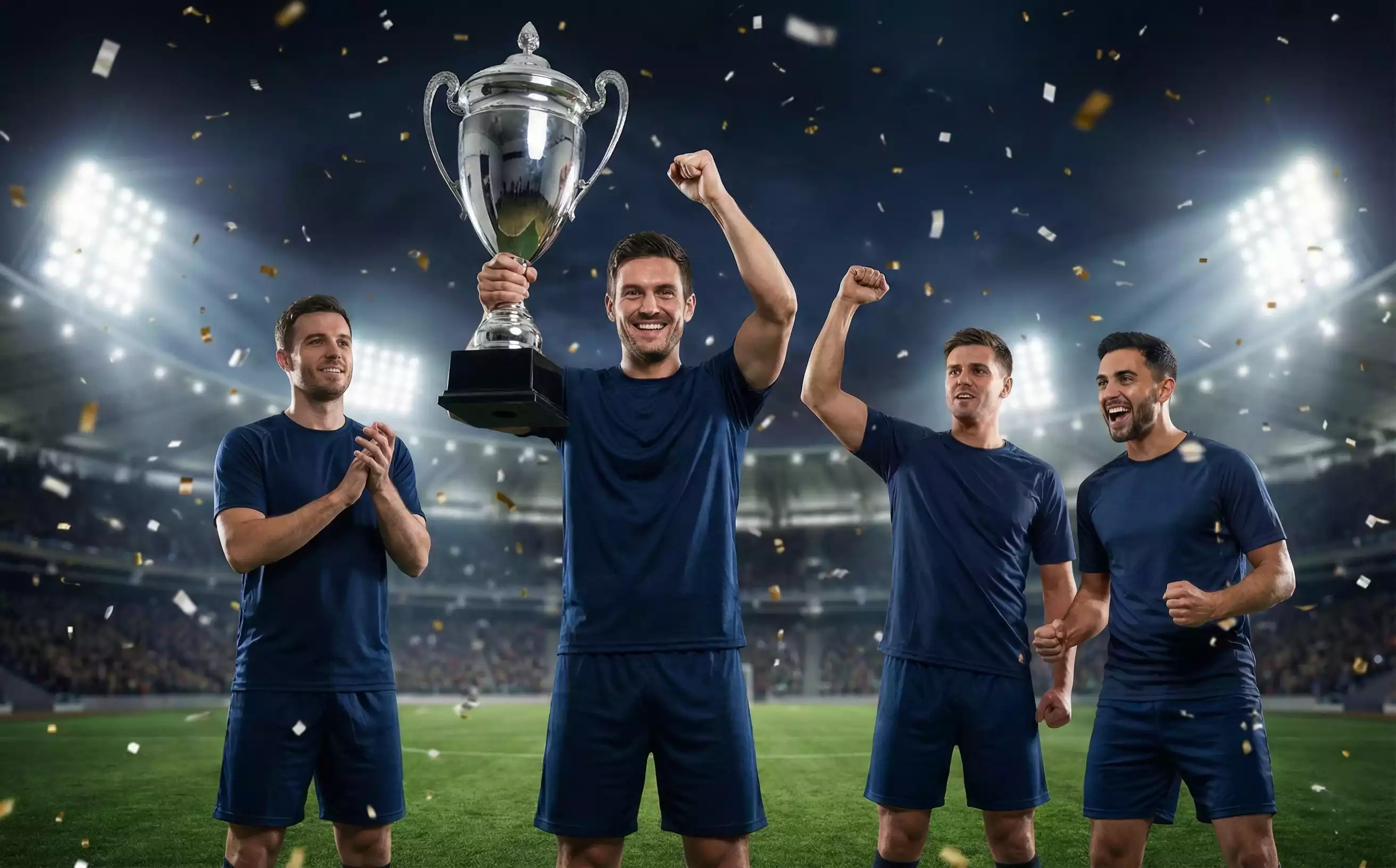 Celebraci&oacute;n de jugadores de f&uacute;tbol levantando un trofeo de copa