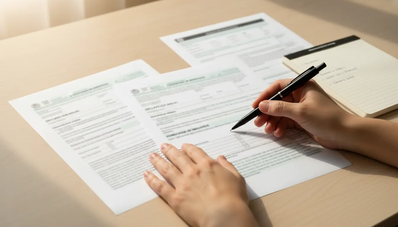 Persona revisando documentos fiscales y formularios de la declaración de la renta en un escritorio