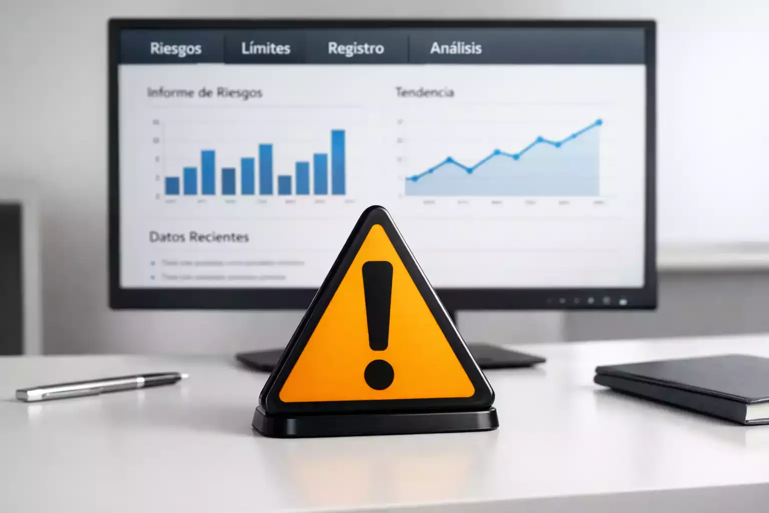 Se&ntilde;al de advertencia junto a un ordenador mostrando gr&aacute;ficos de an&aacute;lisis