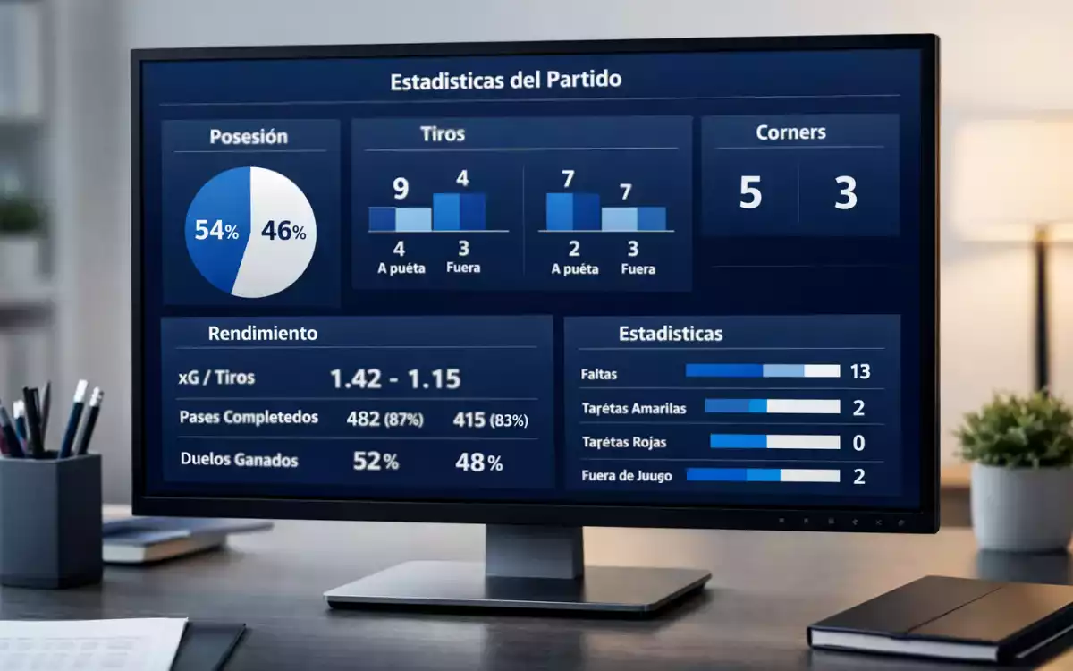 Monitor mostrando gr&aacute;ficos y estad&iacute;sticas de partidos de f&uacute;tbol espa&ntilde;ol