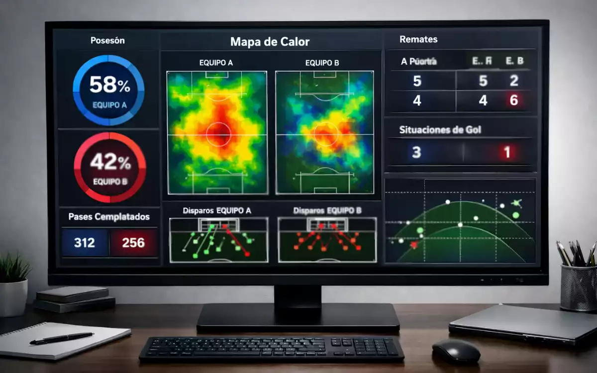 Monitor con gr&aacute;ficos y estad&iacute;sticas de partido de f&uacute;tbol en tiempo real