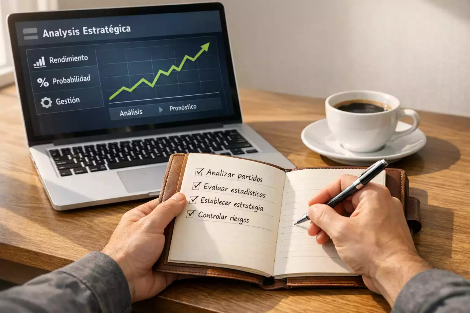 Persona tomando notas en libreta junto a ordenador portátil analizando datos deportivos