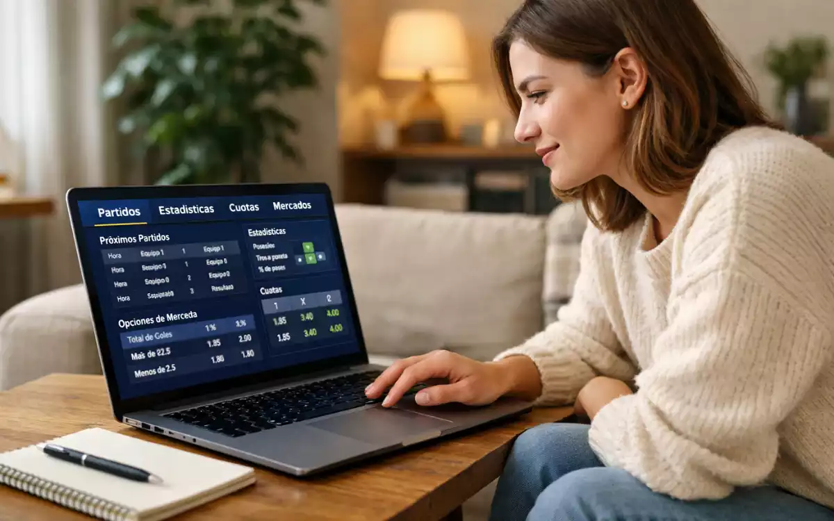 Joven aprendiendo sobre apuestas deportivas con un port&aacute;til