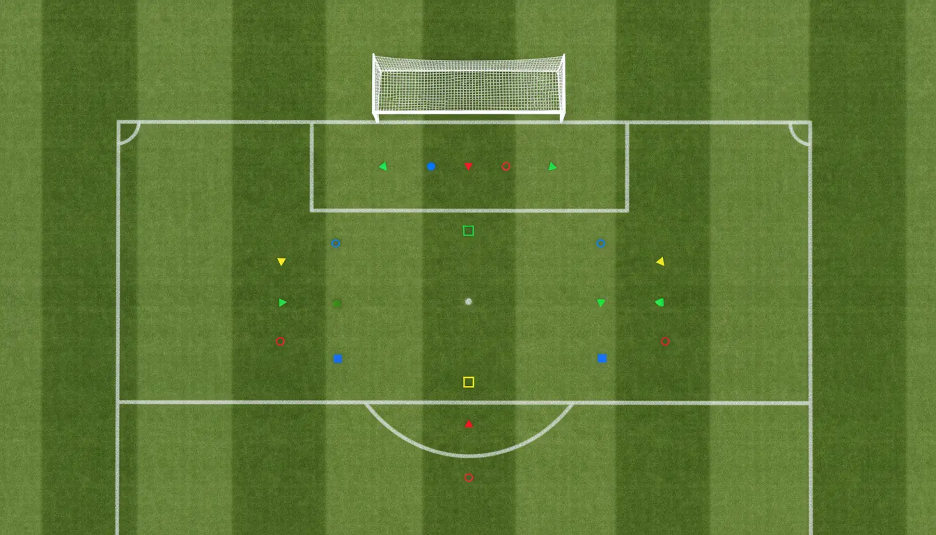 Vista aérea de una portería de fútbol sobre césped natural con marcas de disparos representadas como puntos de colores