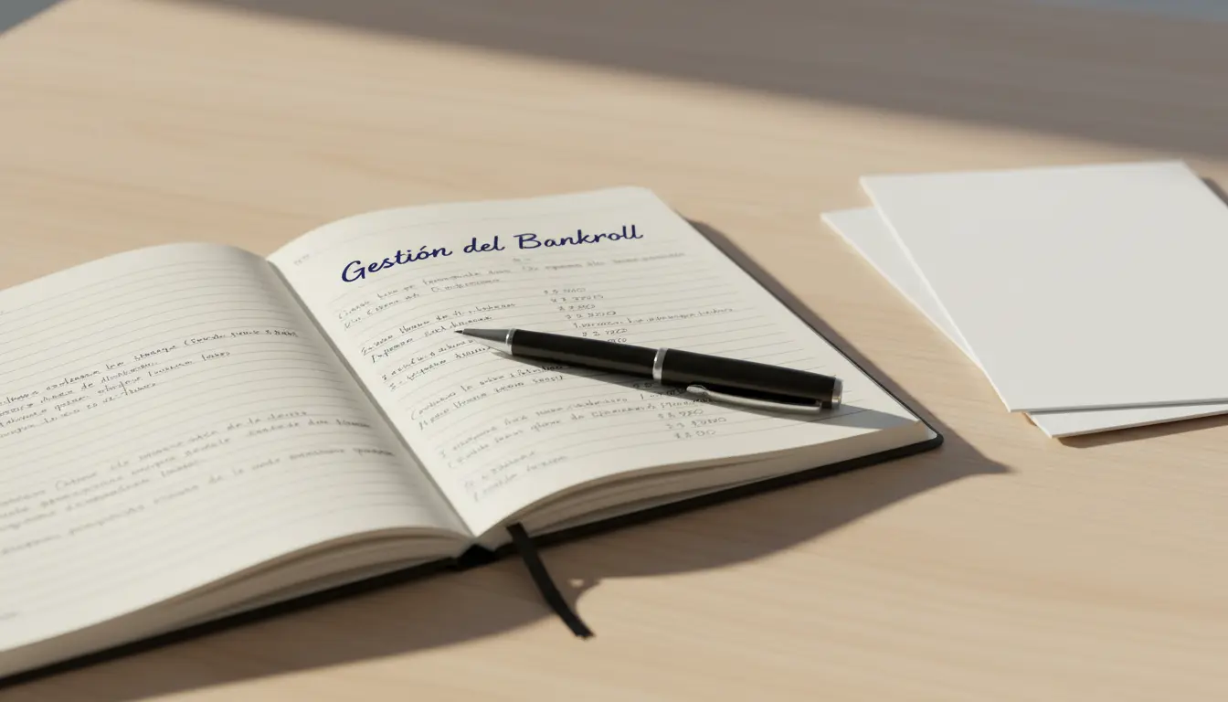 Cuaderno abierto con anotaciones de seguimiento de apuestas y un bolígrafo sobre un escritorio ordenado