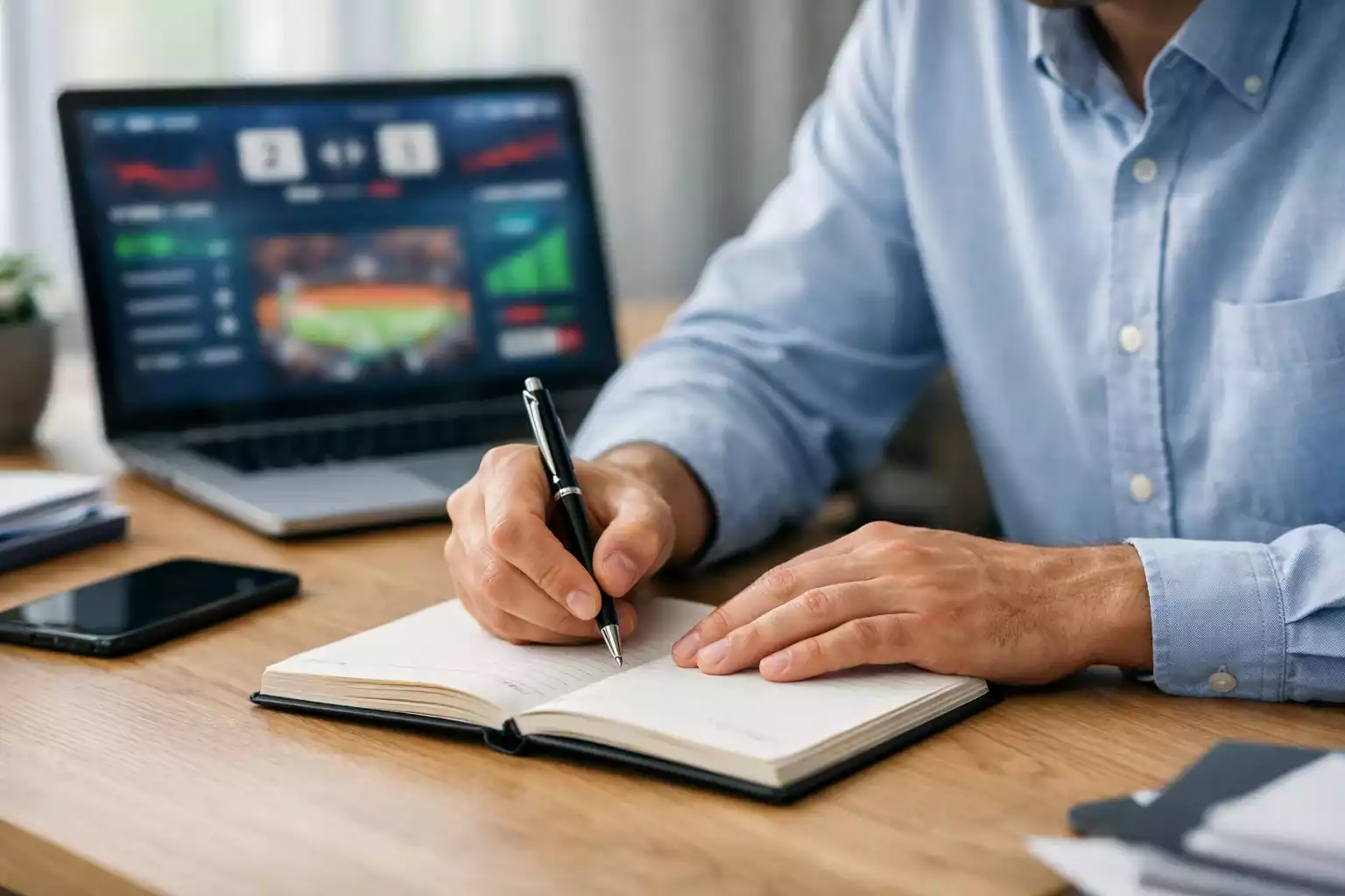 Persona tomando notas mientras gestiona sus apuestas de forma responsable