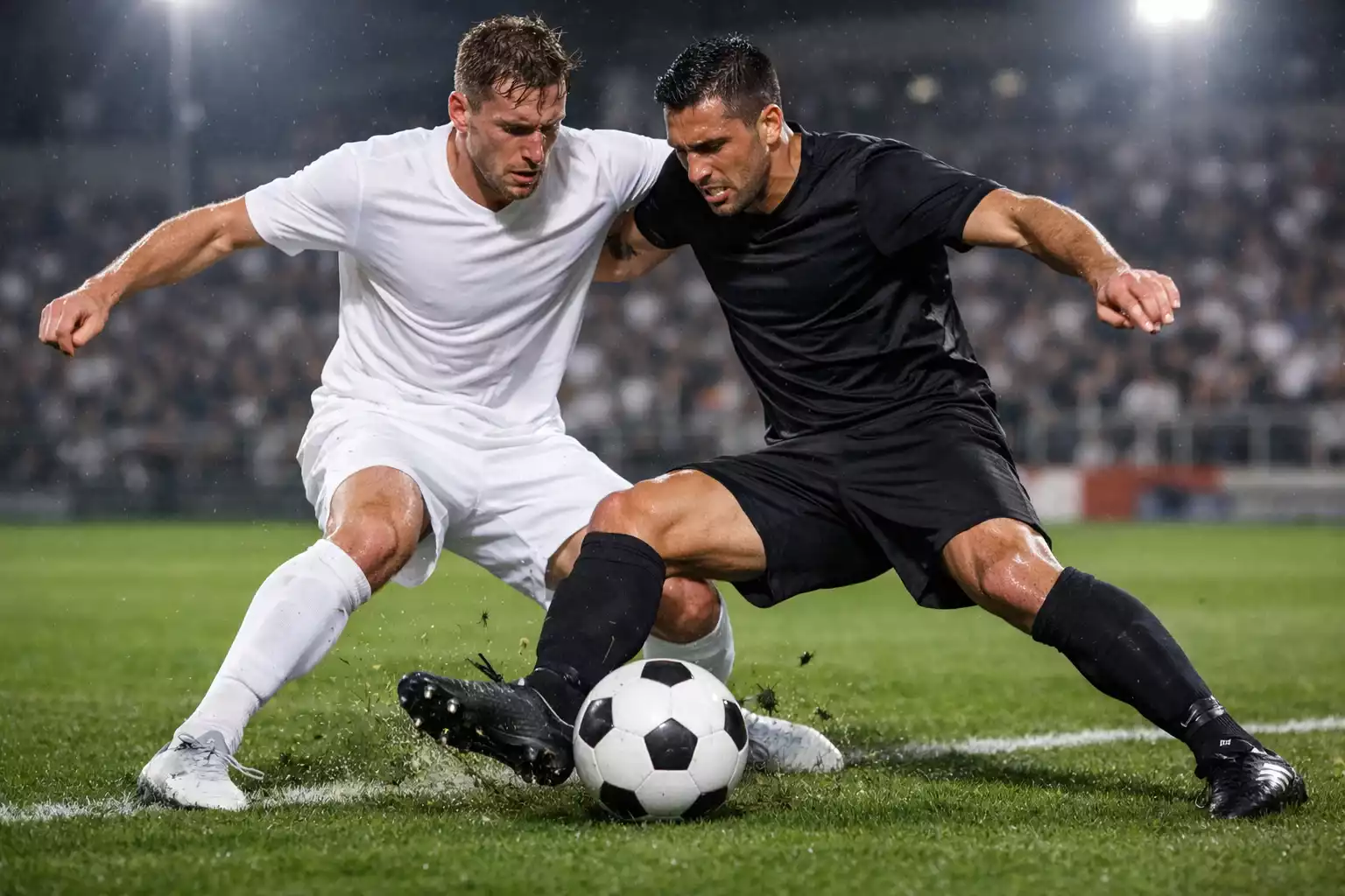 Jugadores de f&uacute;tbol profesional compitiendo en un partido de alta intensidad