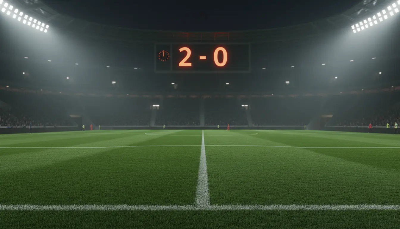 Marcador de un estadio de fútbol mostrando el resultado de un partido con el campo de césped natural de fondo