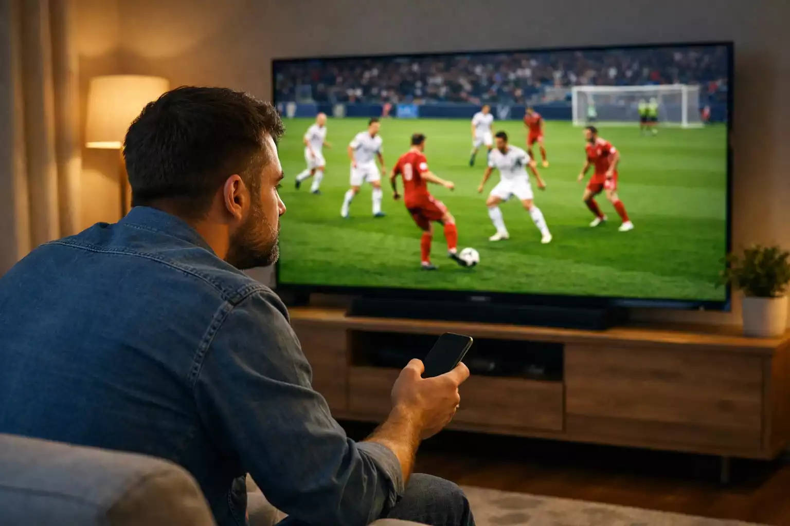 Aficionado viendo un partido de fútbol en directo con móvil en la mano