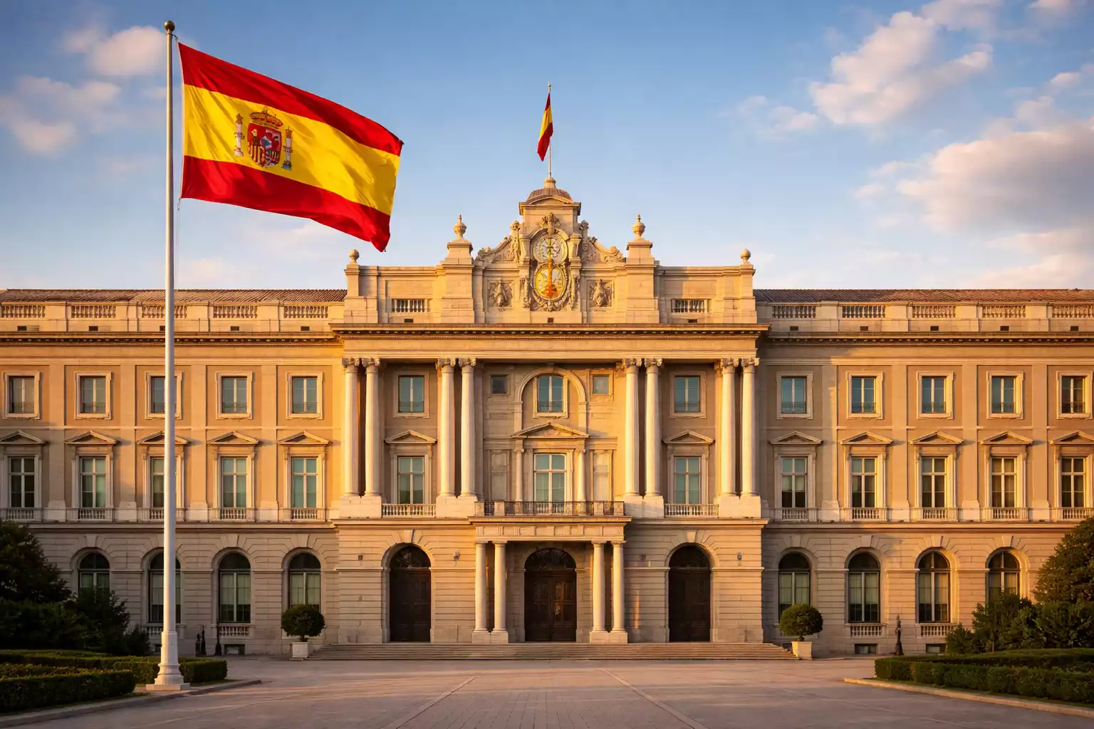 Edificio oficial con la bandera de España representando la regulación del juego