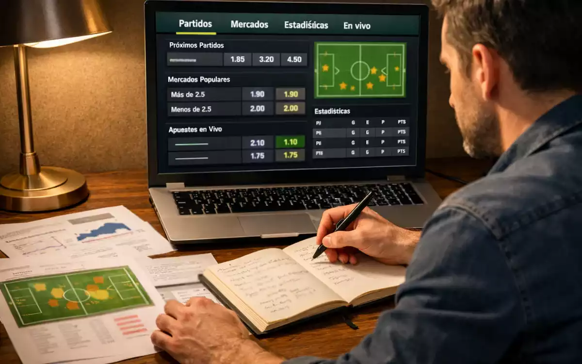 Persona analizando un partido de fútbol con documentos de estrategia