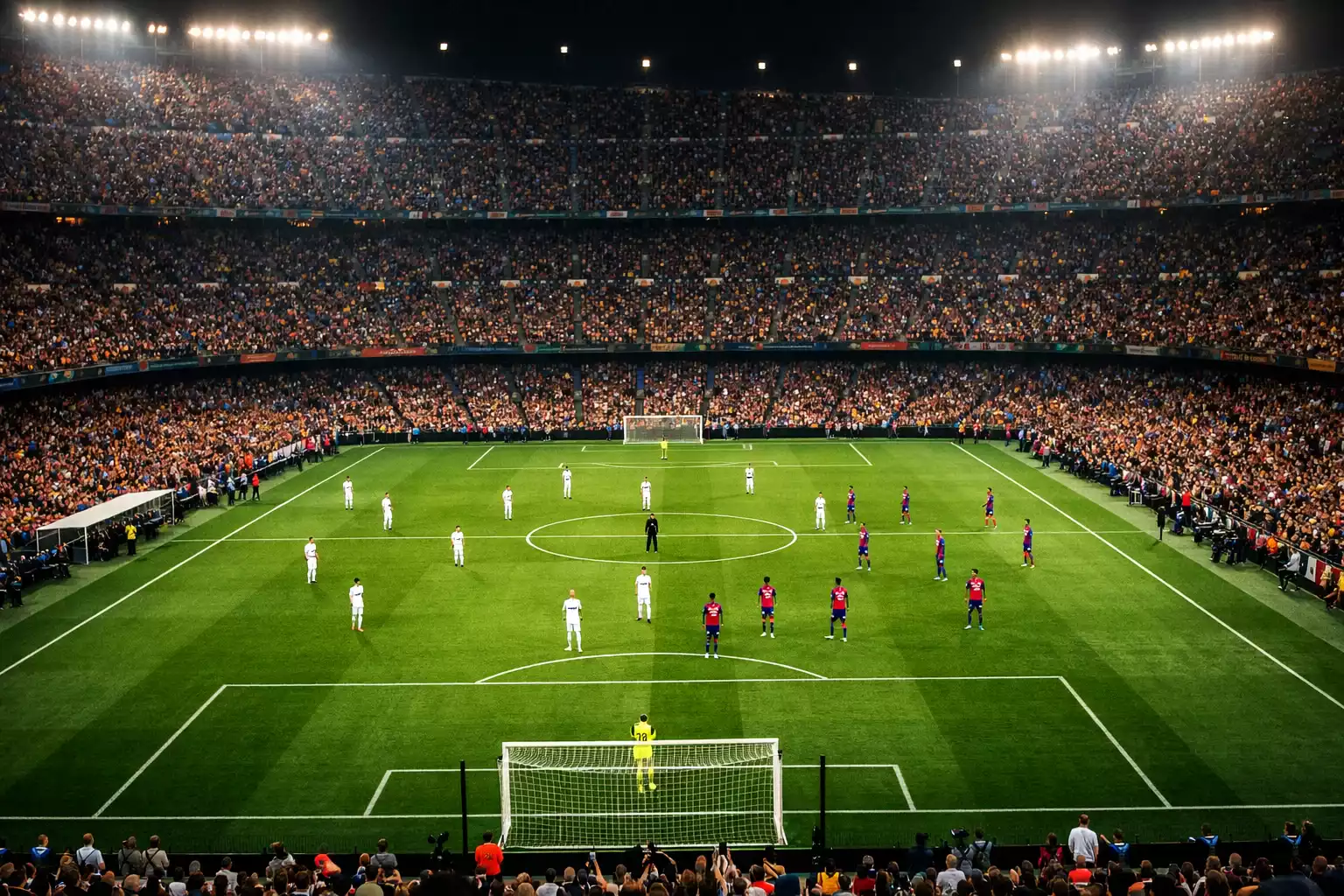 Estadio de fútbol profesional con aficionados animando durante un partido nocturno