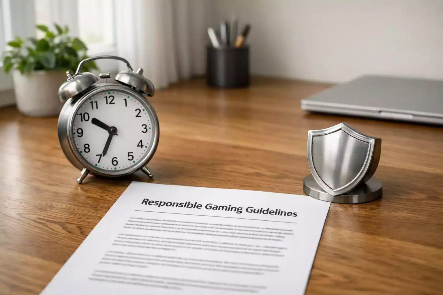 S&iacute;mbolo de escudo protector junto a un reloj representando l&iacute;mites de juego