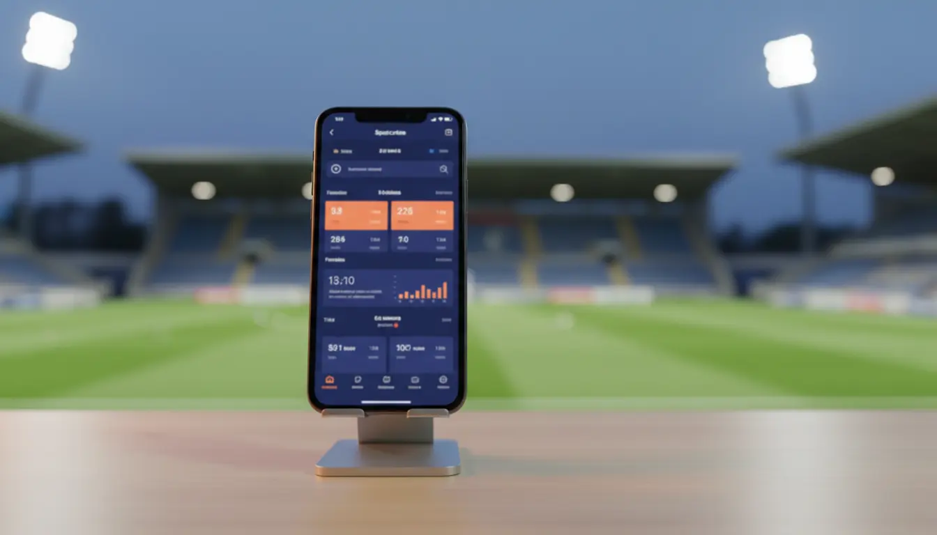 Smartphone mostrando una aplicación de apuestas deportivas en vivo con un campo de fútbol de fondo desenfocado