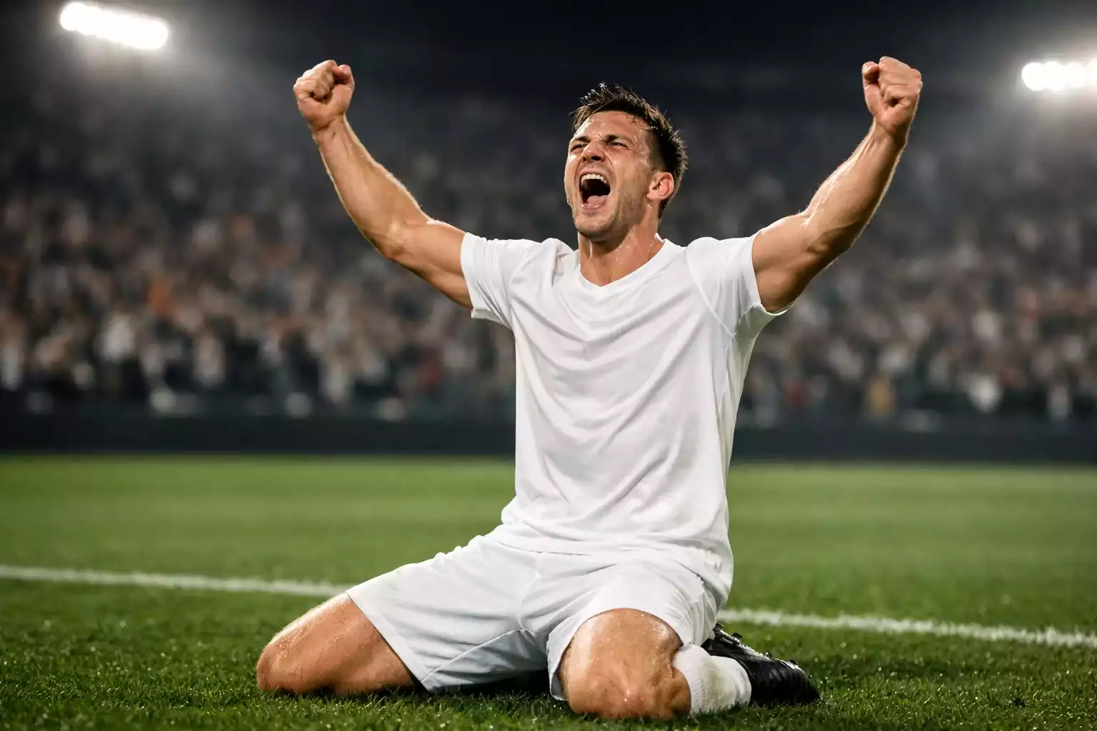 Jugador de f&uacute;tbol celebrando un gol en un estadio iluminado