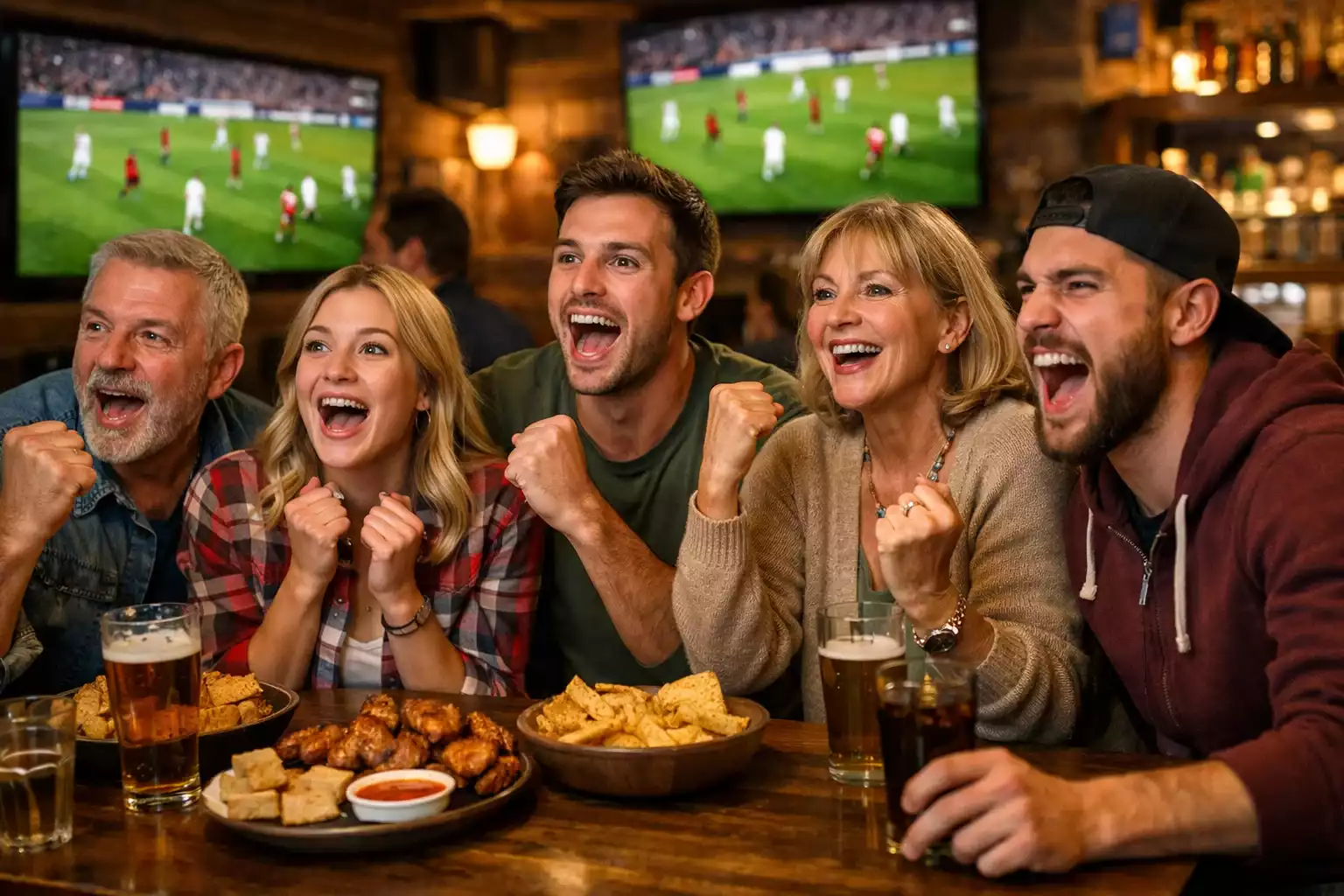Grupo diverso de aficionados viendo un partido de f&uacute;tbol en un bar deportivo