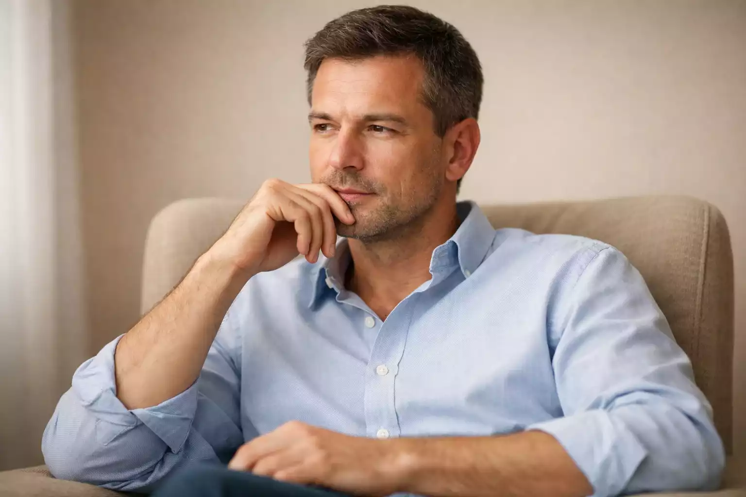 Persona reflexionando con calma antes de tomar una decisi&oacute;n importante