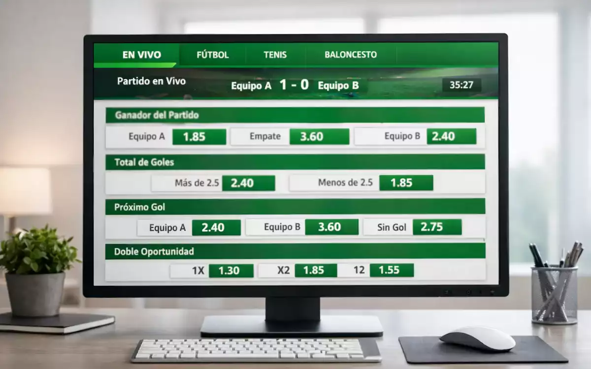 Pantalla mostrando cuotas de apuestas en vivo durante un partido de f&uacute;tbol