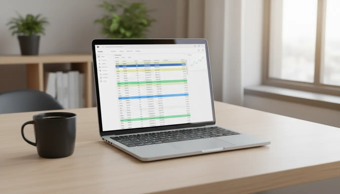 Hoja de cálculo abierta en un portátil mostrando filas de datos con gráficos de rendimiento en un escritorio