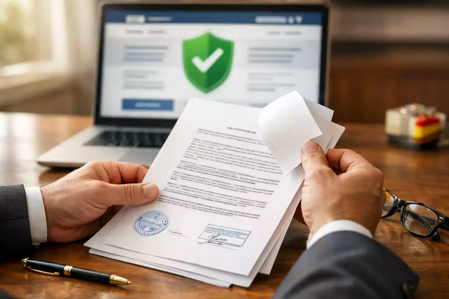 Persona revisando documentación oficial sobre regulación del juego en España con sello de seguridad