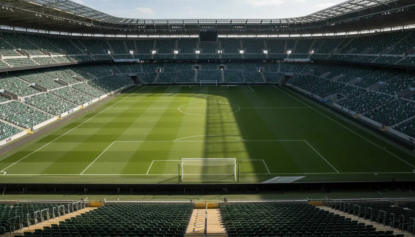 Estadio de fútbol vacío con vallas publicitarias apagadas al atardecer en España