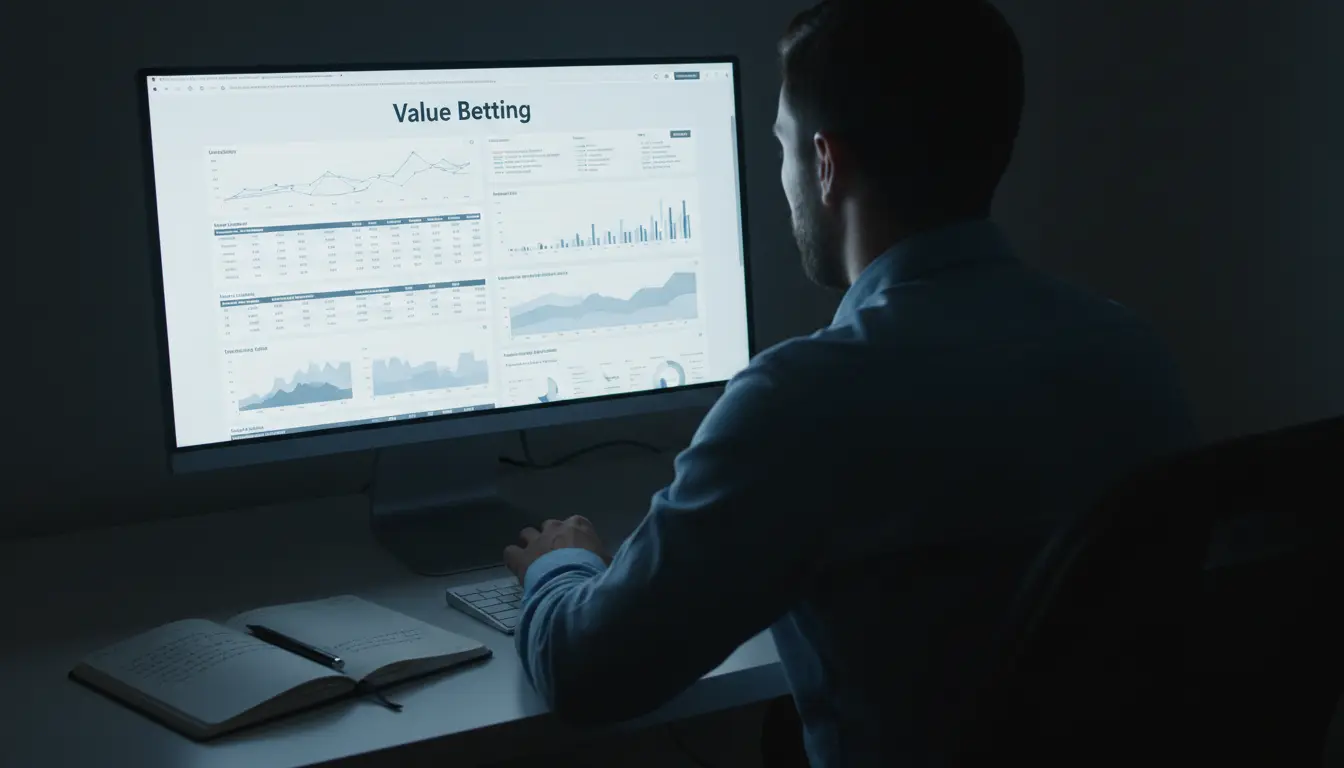Persona analizando estadísticas de fútbol en una pantalla de ordenador con gráficos y datos en un escritorio