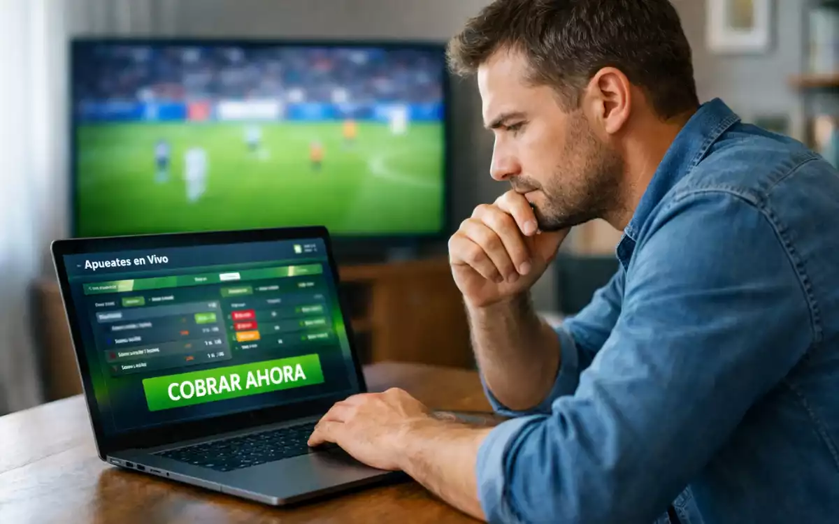 Persona analizando opciones de cash out en su port&aacute;til mientras ve f&uacute;tbol